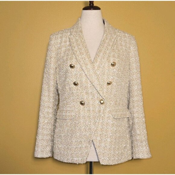 Express Tweed Double Breasted Blazer Gold Button Size M Womens Boucle Cream Gold - Picture 1 of 10